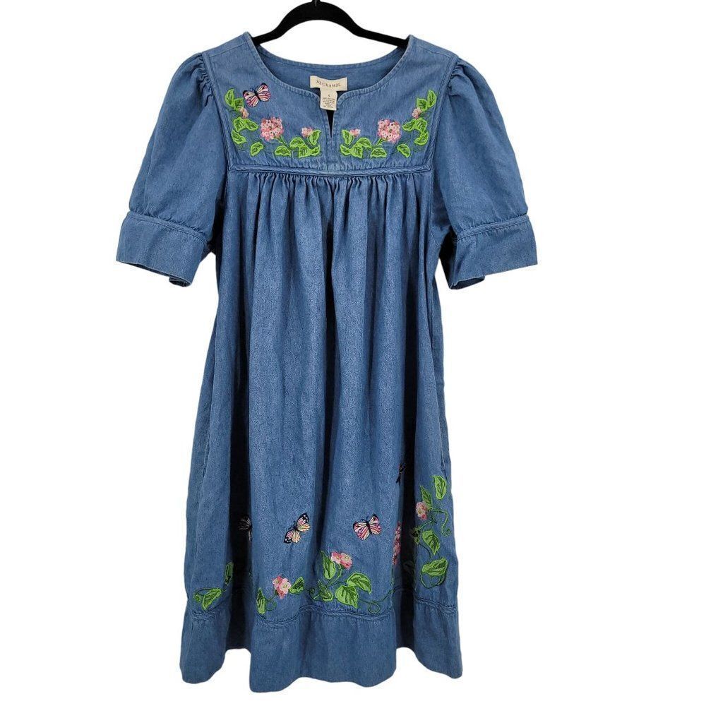 Vintage Denim Midi Dress S Blue Floral Butterfly Embroidered Puff Sleeve Kidcore - Picture 14 of 16